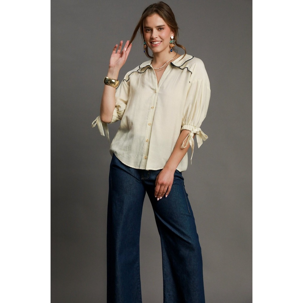 Umgee Full Size Embroidered Detail Button Down Shirt - Small